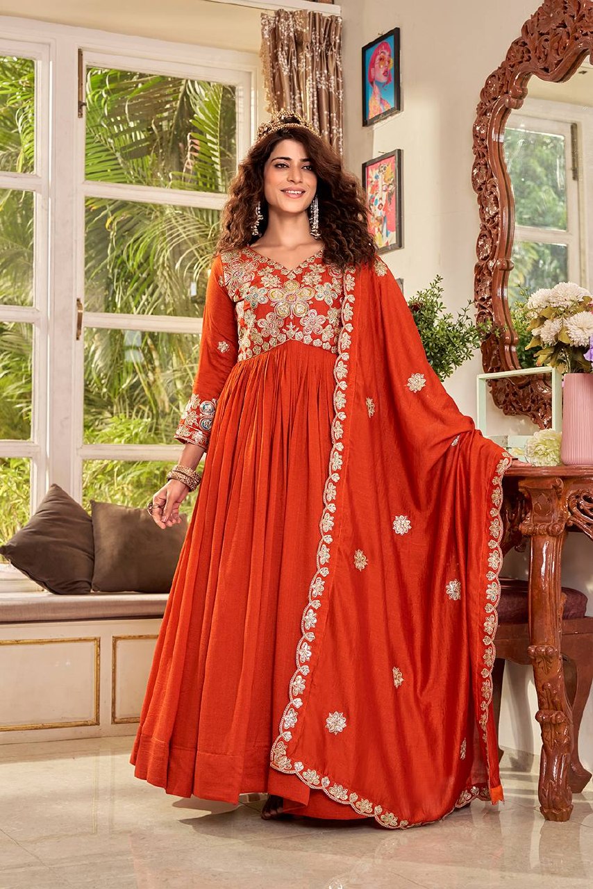 Festival Collection Vichitra Long Gown with Heavy Cording Sequence Embroidery Dupatta - Fully Stitched