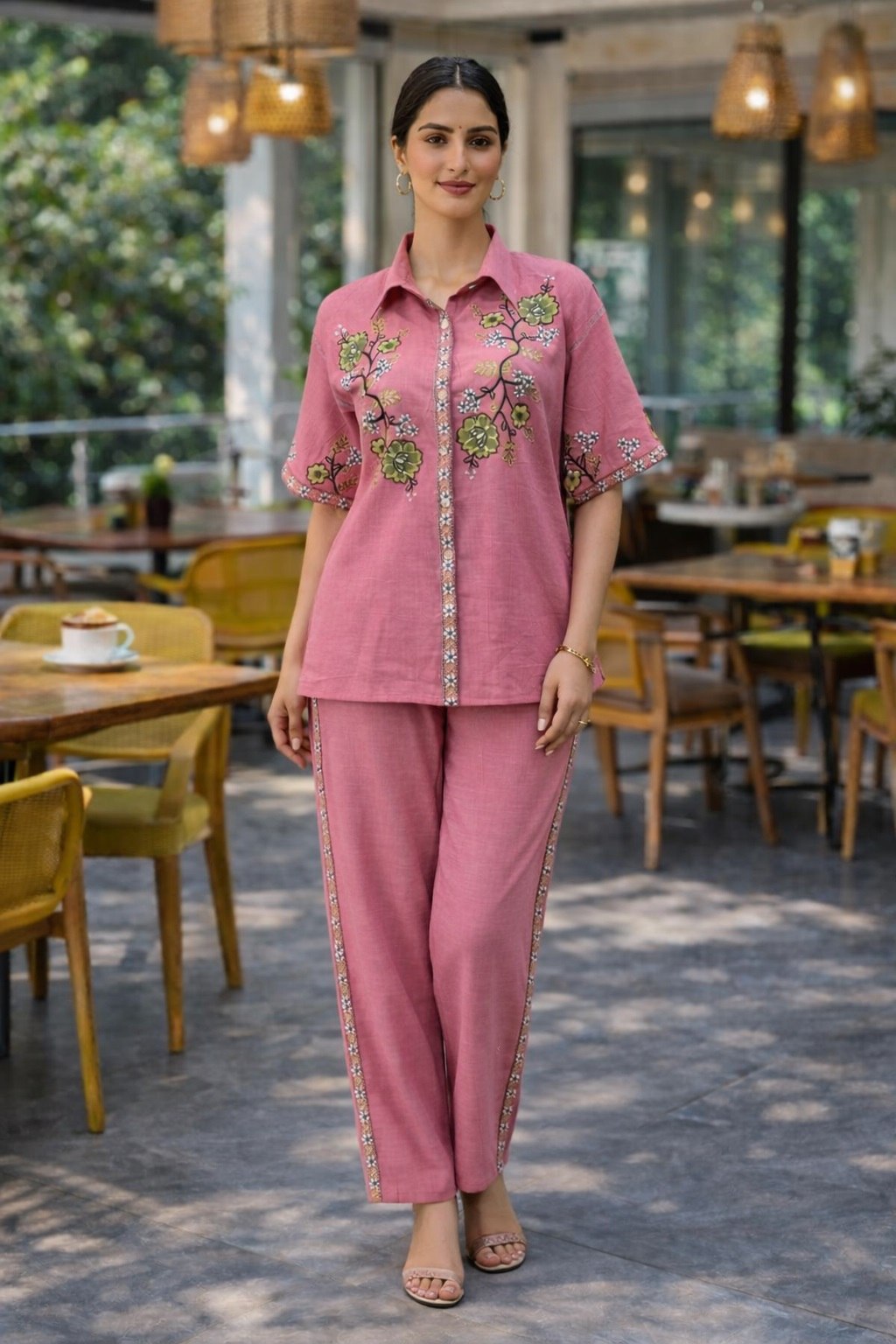 Women's Cotton Embroidered Co-Ord Set with Shirt Collar Top and Pant - Fully Stitched
