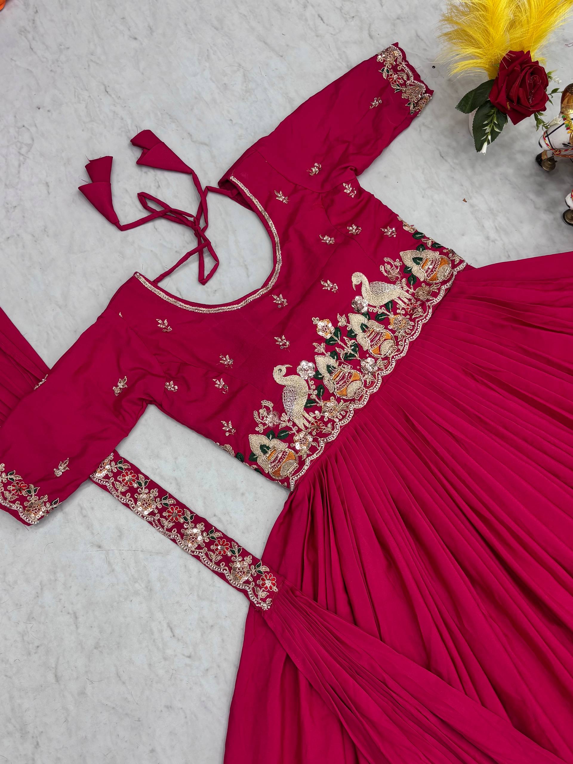 Festival Collection Crepe Silk Long Gown with Heavy Cording Sequence and Beads Embroidery Work - Fully Stitched