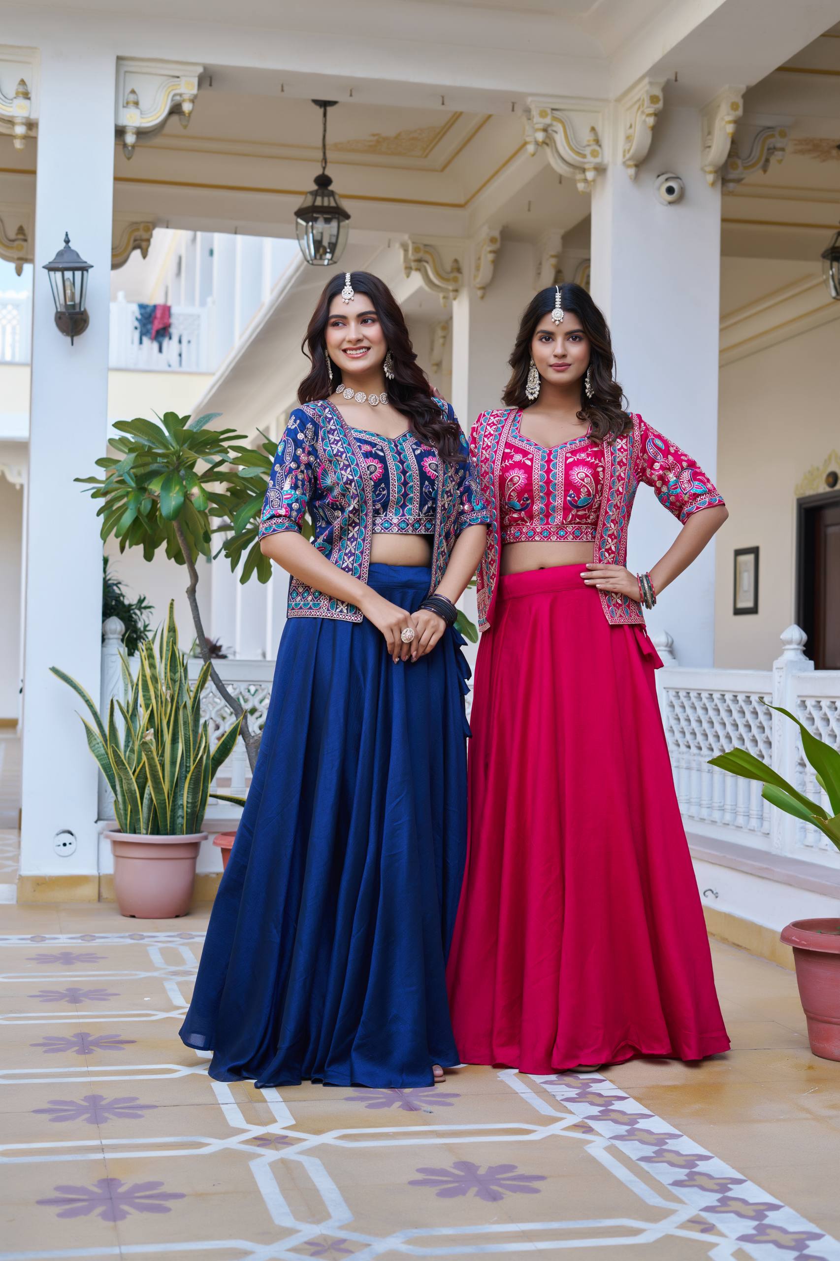 Festival Collection Vichitra Lehenga Choli with Embroidered Koti and 8.50 Meter Flair - Fully Stitched