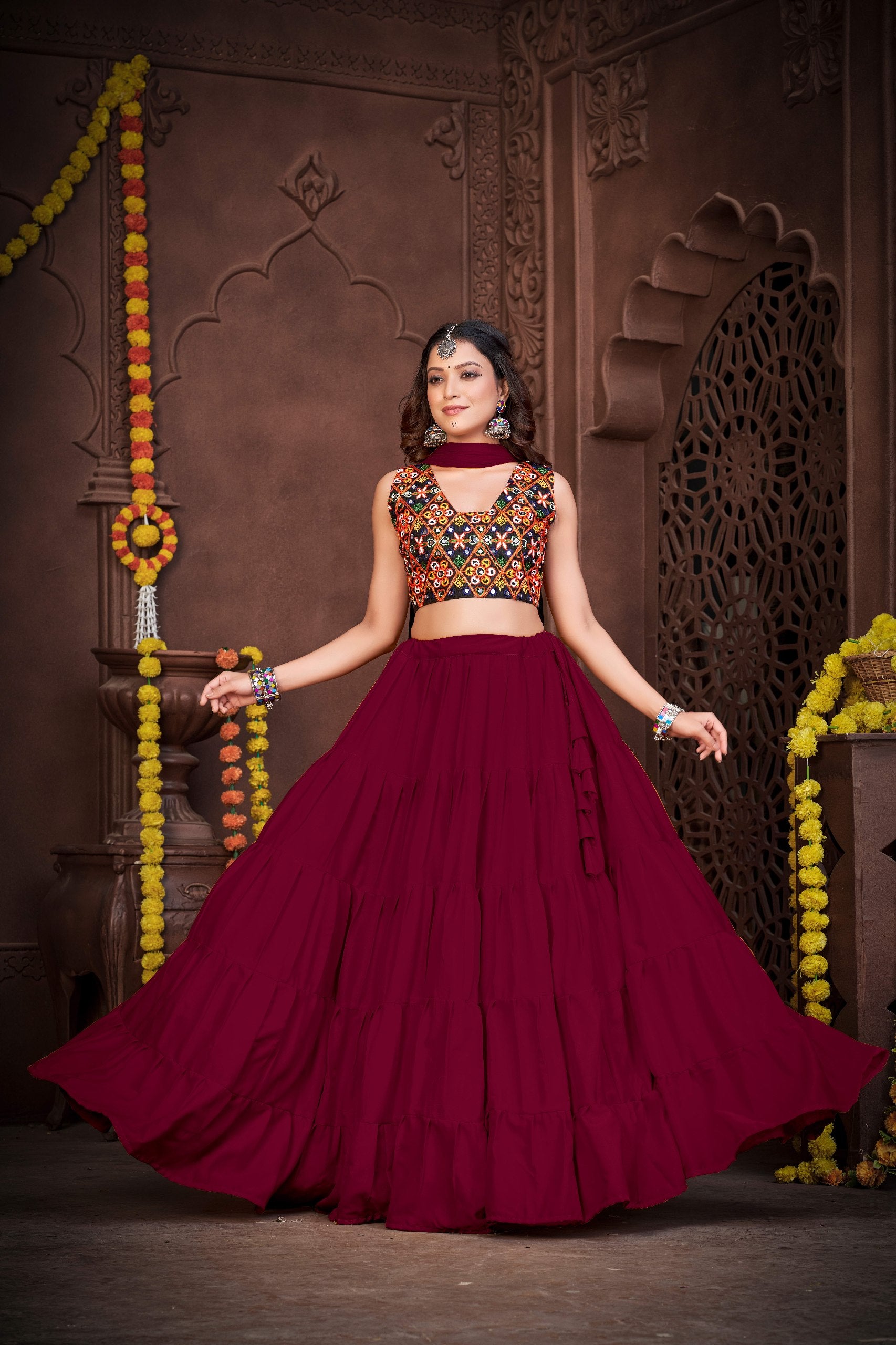 Navratri Special French Crepe Chaniya Choli with Kutchi Mirror Work Blouse
