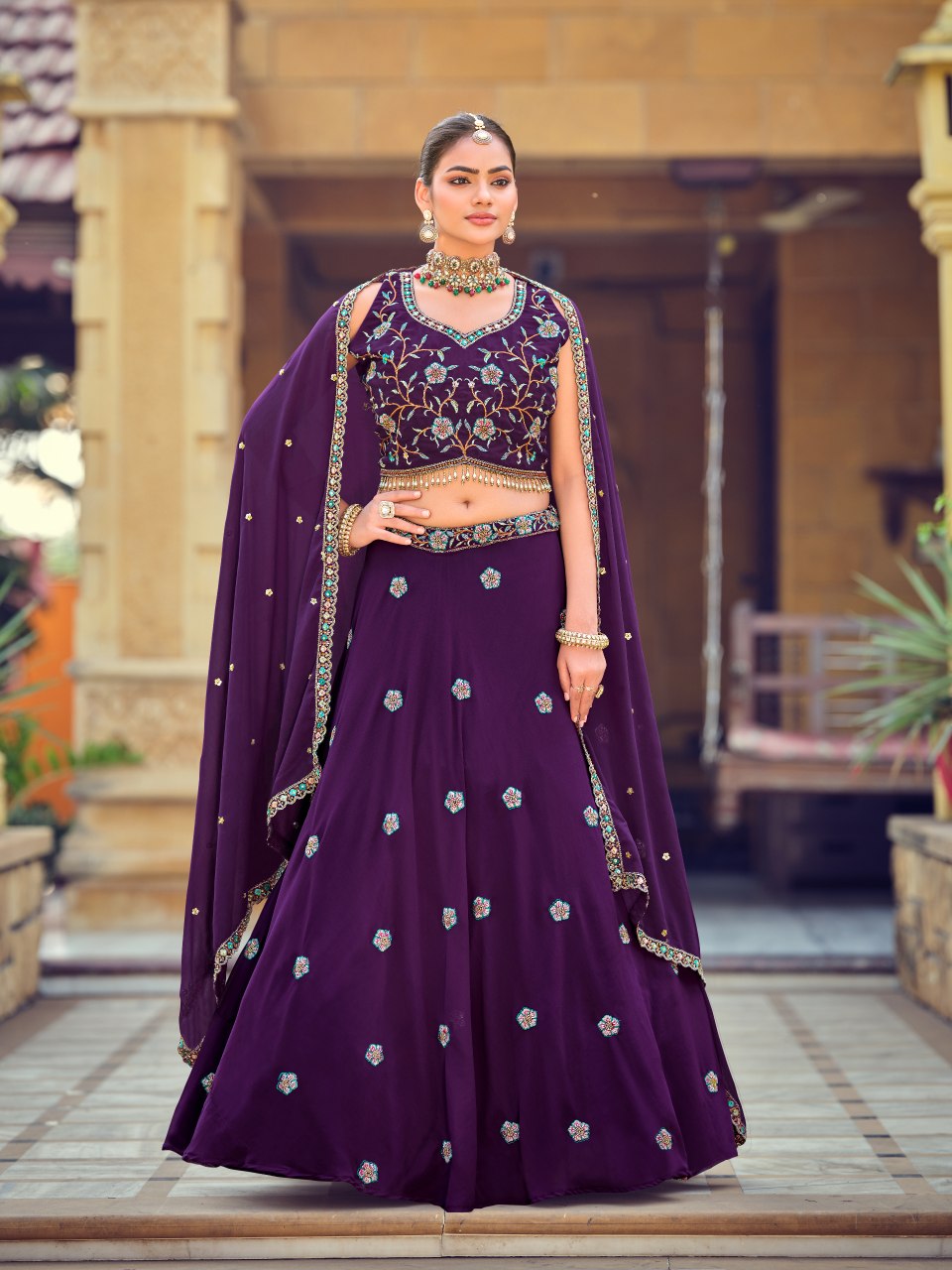 Royal Purple Georgette Lehenga Choli with Embroidered Beads Work and Designer Dupatta