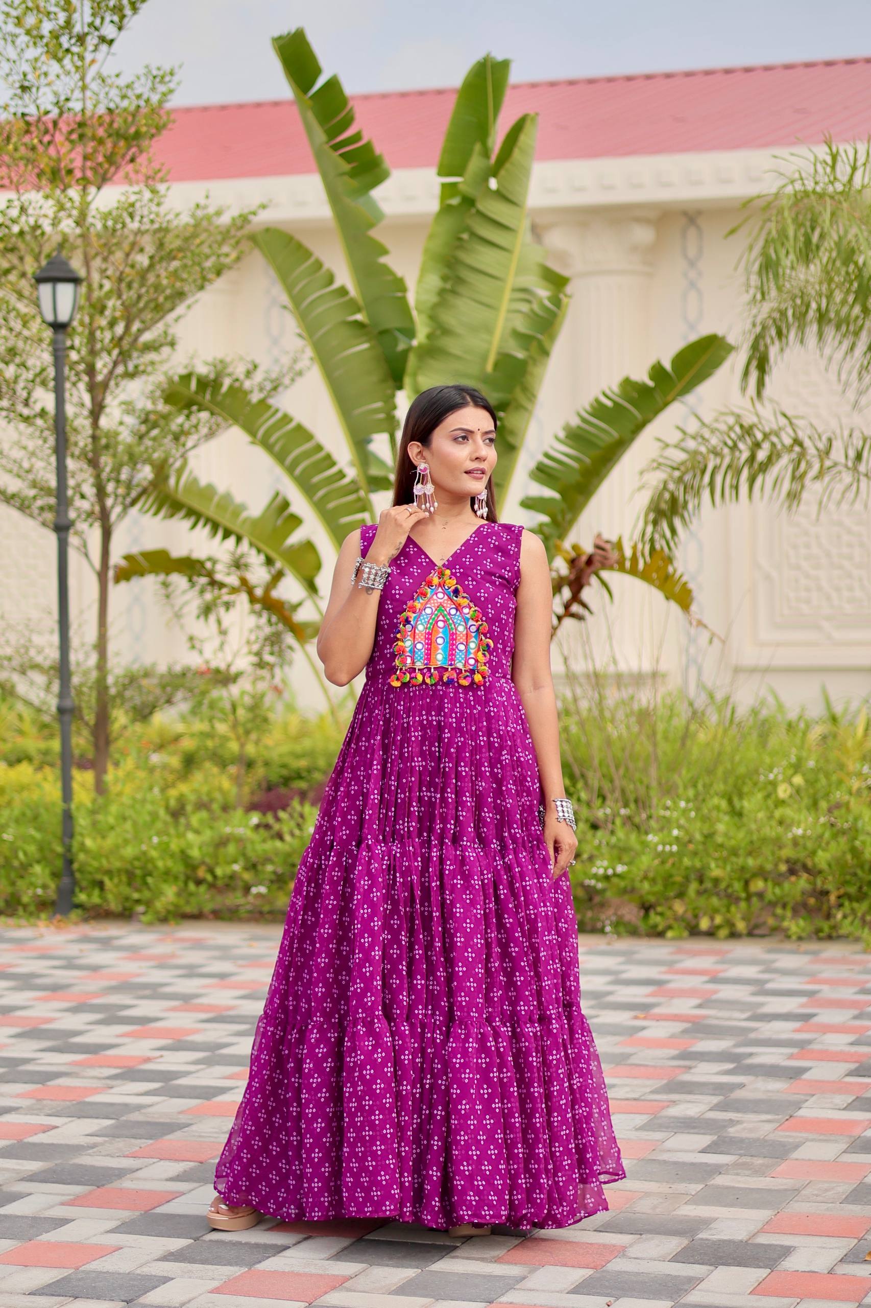 Navratri Special Faux Georgette Gown with Embroidery Thread Work and Real Mirror - Fully Stitched