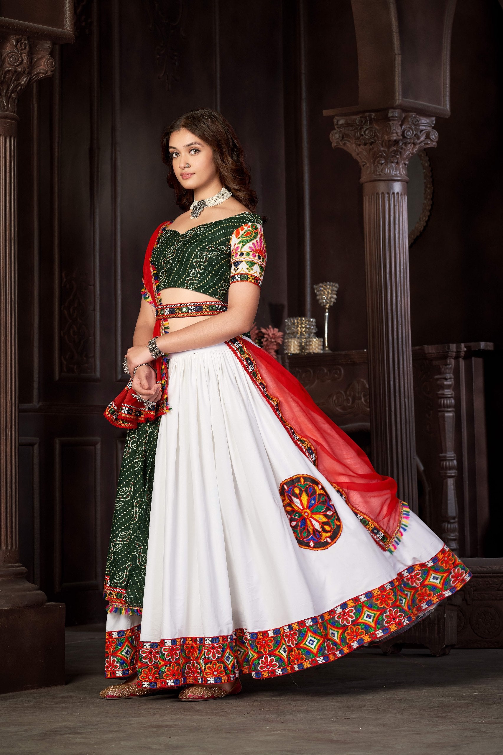 Navratri Special White Cotton Silk Chaniya Choli with Traditional Kutchi Mirror Work
