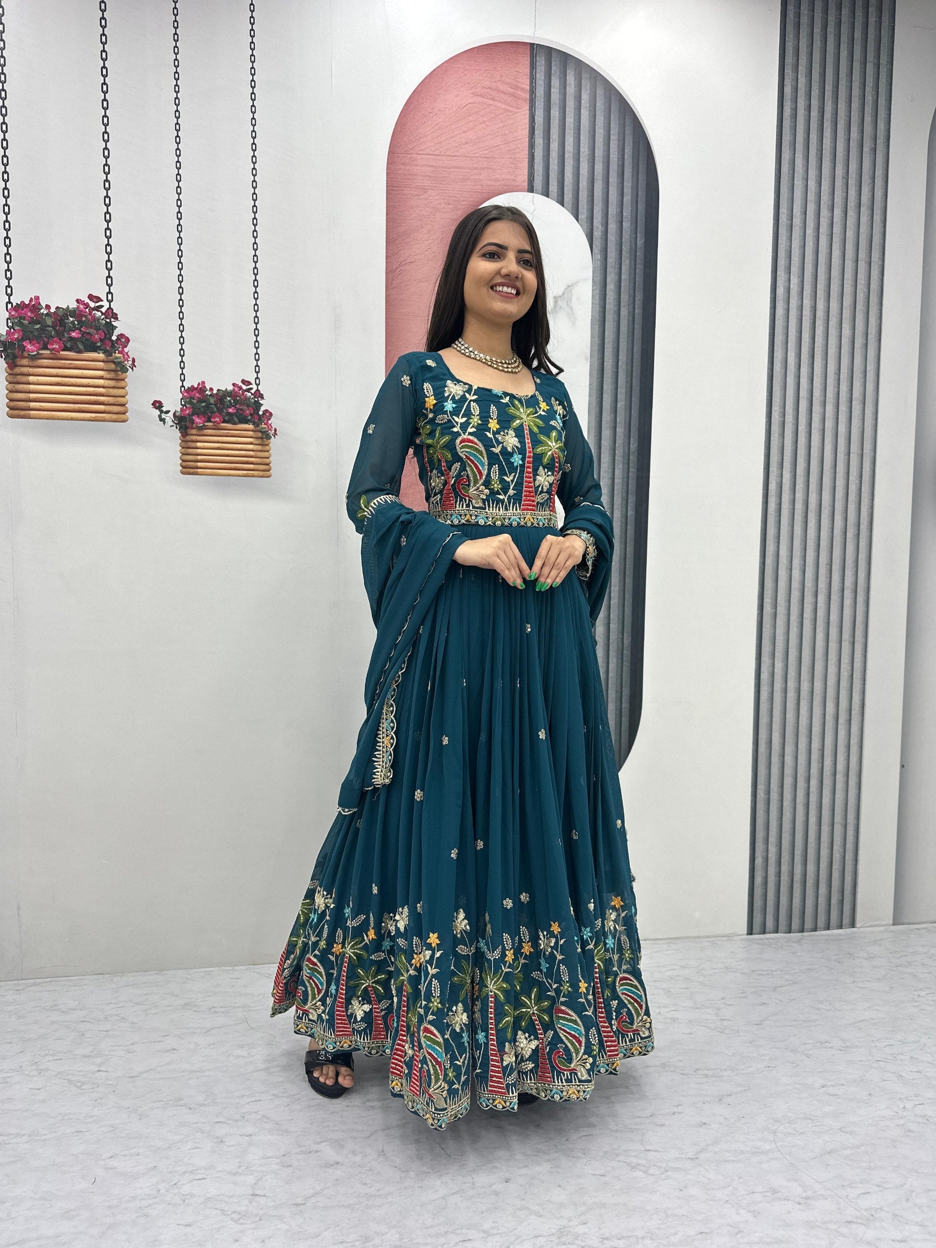Designer Fox Georgette Embroidered Gown with Dupatta -  Fully Stitched