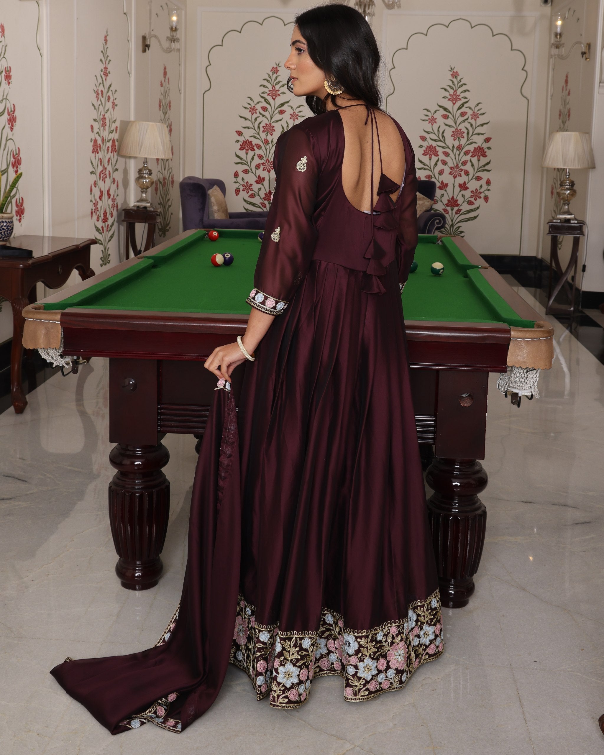 Wedding Wear Coffee Rangoli Silk Anarkali Suit Set with Dupatta