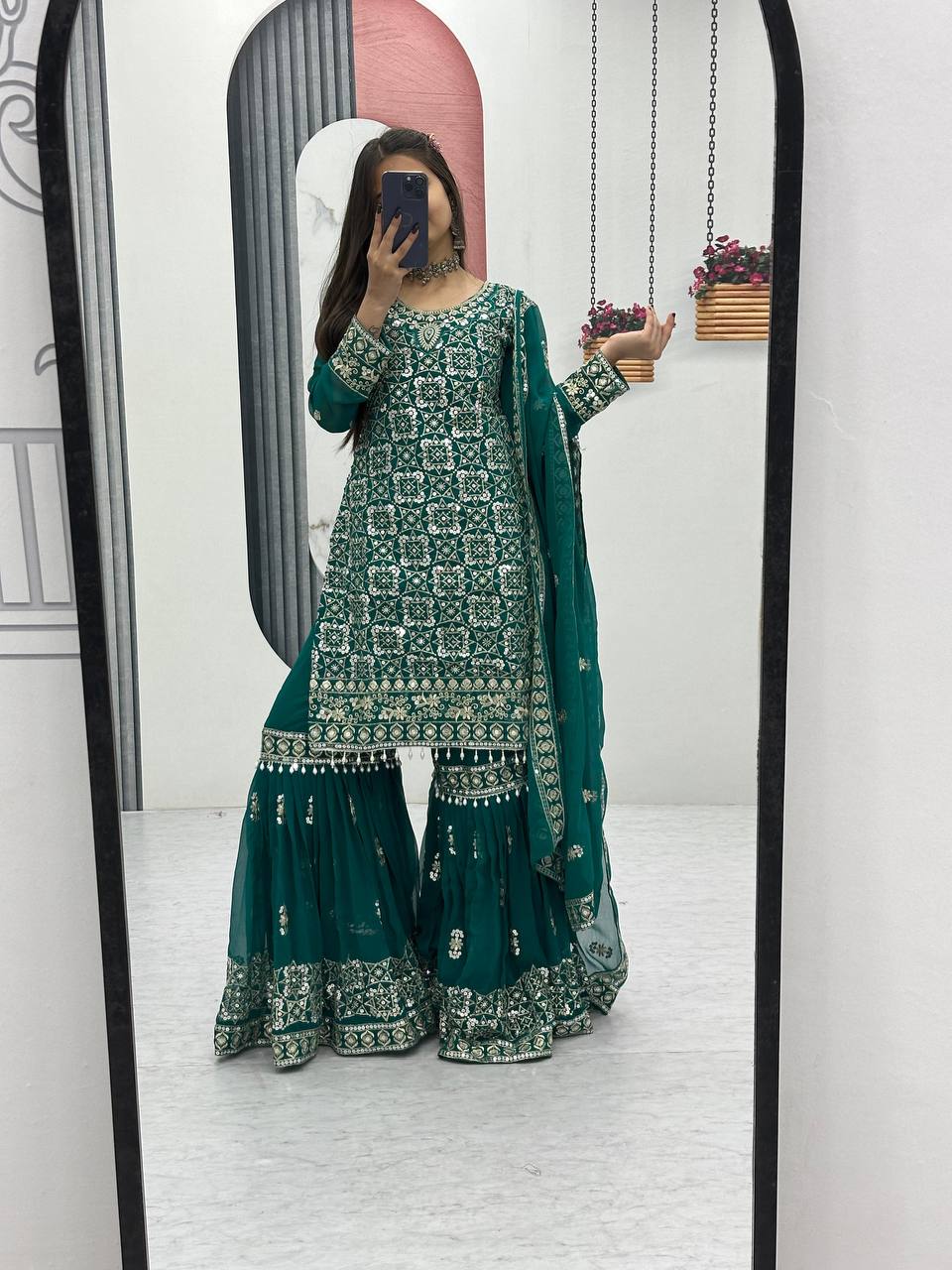 Designer Party Wear Embroidered Sharara Suit Set with Dupatta - Fully Stitched