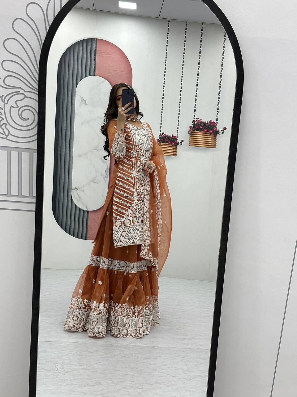 Designer Party Wear Farshi Sharara Set with Heavy Embroidered Top and Dupatta - Fully Stitched