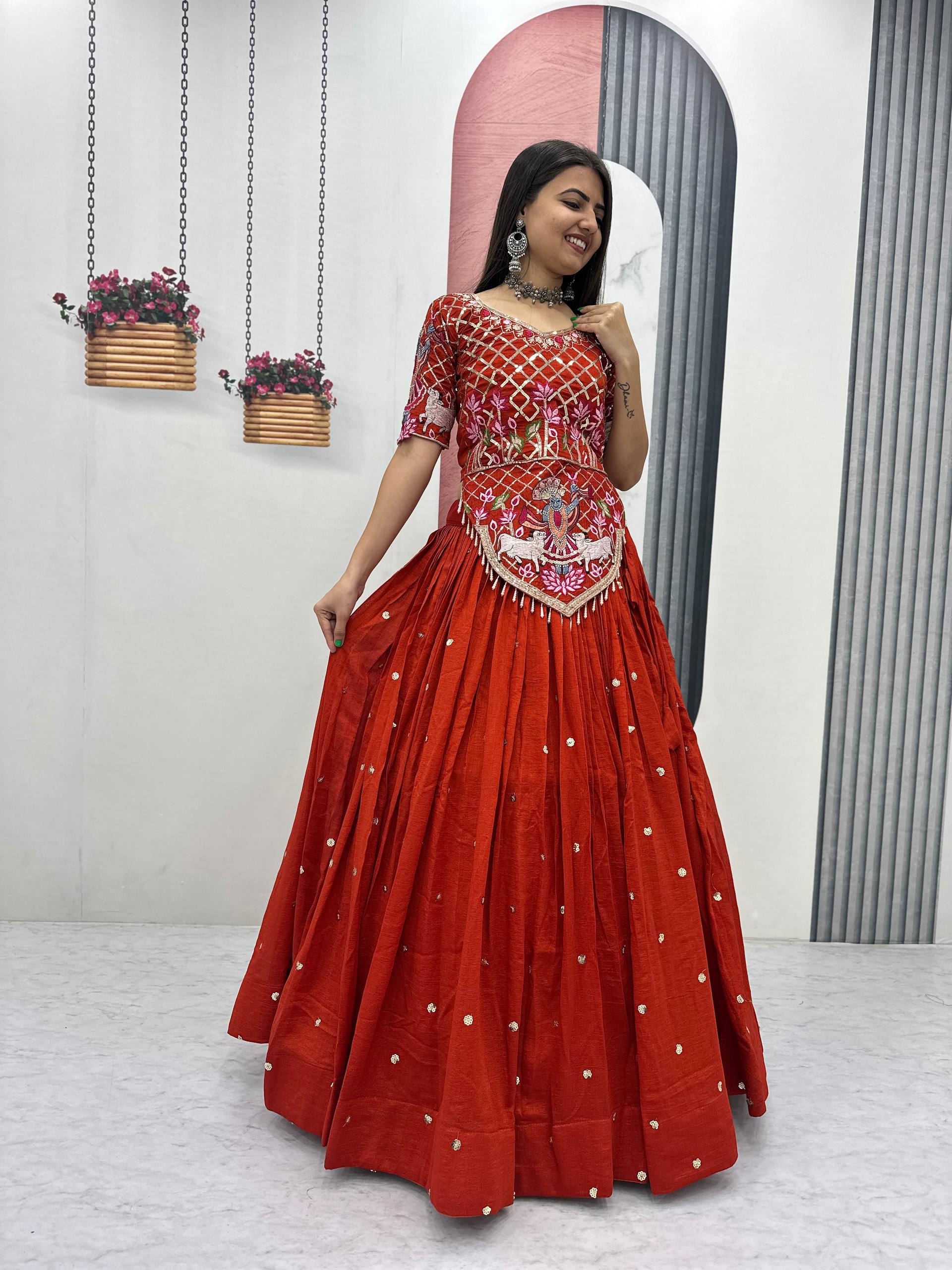 Launching Wedding Wear Vichitra Silk Lehenga Choli with Embroidered Dupatta - Fully Stitched