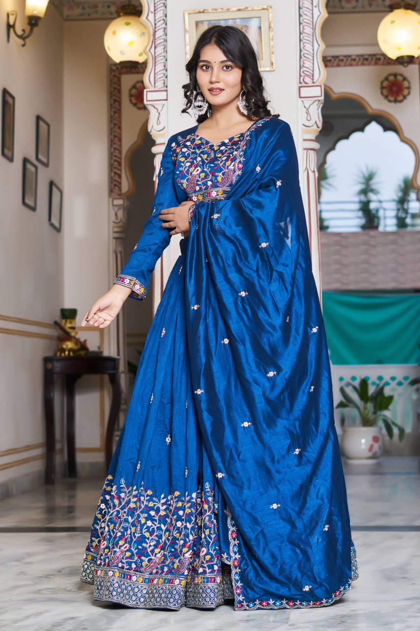 Wedding Collection Vichitra Silk Lehenga Choli with Heavy Embroidery Sequence and Beads Work - Fully Stitched
