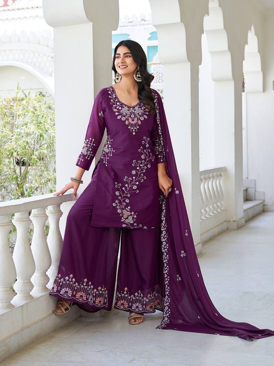 Designer Star Georgette Kurti Palazzo Set with Heavy Moti and Sequence Embroidery Work- Fully Stitched