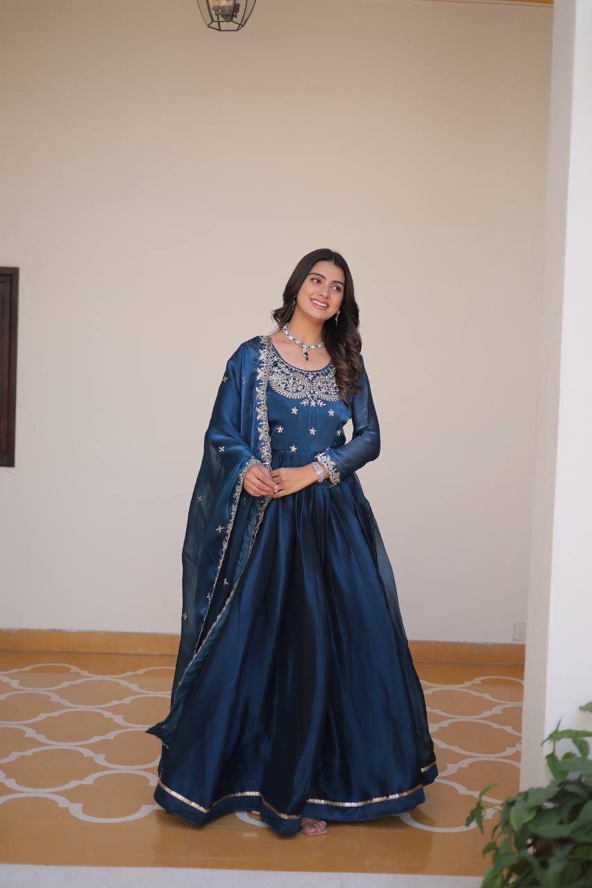 New Festival Collection Burberry Silk Long Gown with Heavy Sequence Embroidery Dupatta - Fully Stitched