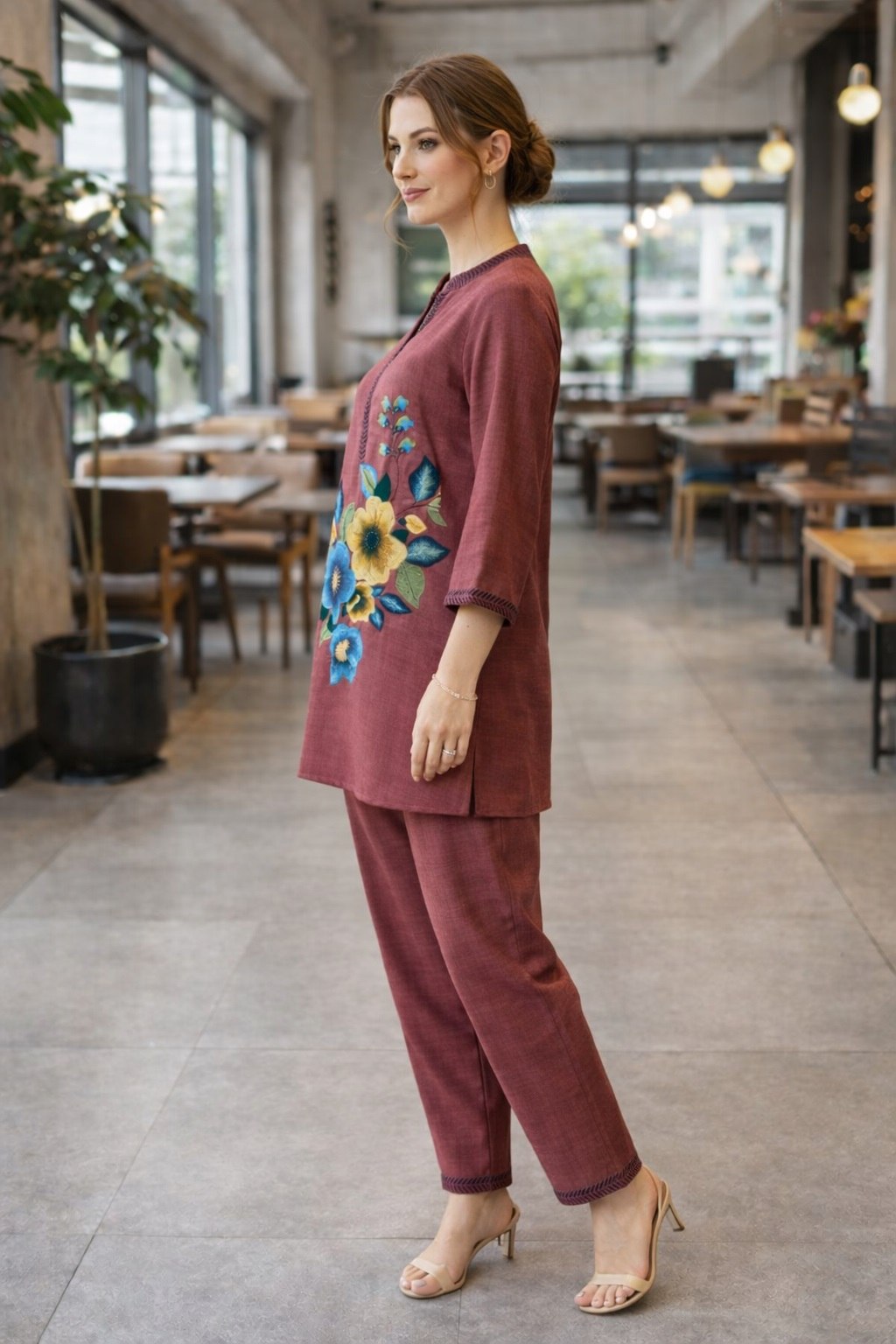Women's Poly Linen Cotton Embroidered Co-Ord Set with Collar Neck Top and Pant - Fully Stitched