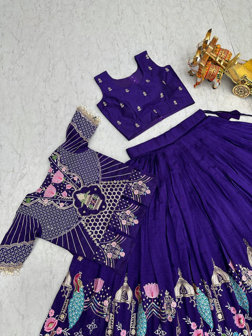 Festival Collection Pure Vichitra Lehenga Choli with Embroidered Koti - Fully Stitched