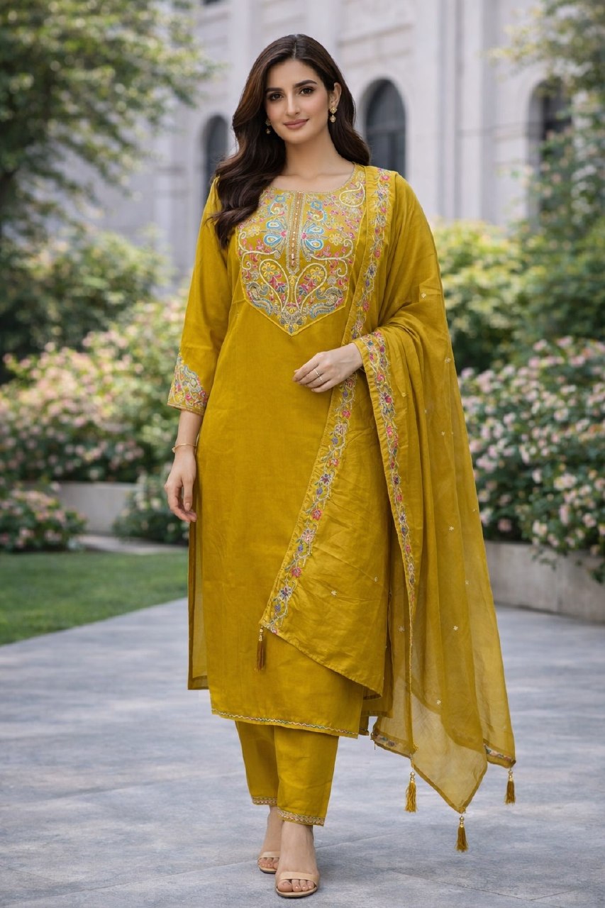 Designer Cotton Silk Embroidered Kurti Pant Set with Dupatta - Fully Stitched