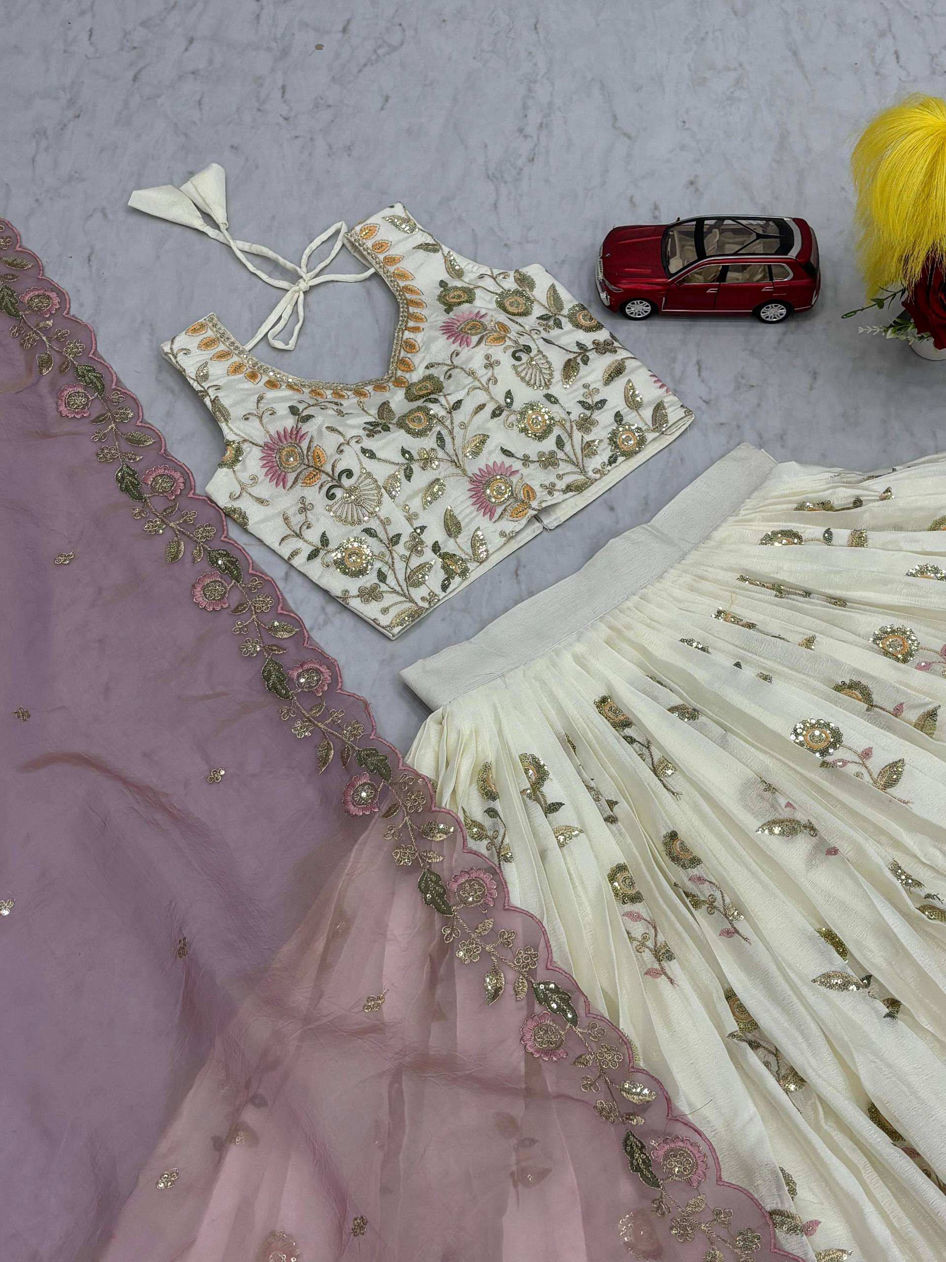 New Festival Chinon Lehenga Choli with Embroidered Gold Crush Dupatta - Fully Stitched