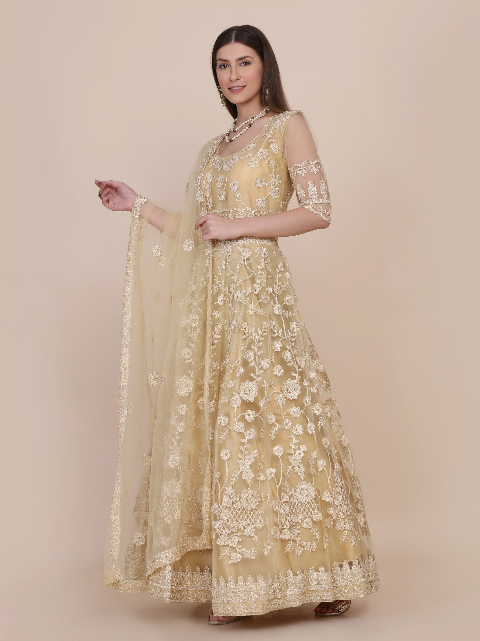 Wedding Wear Cream Net Anarkali Suit Set with Embroidered Dupatta
