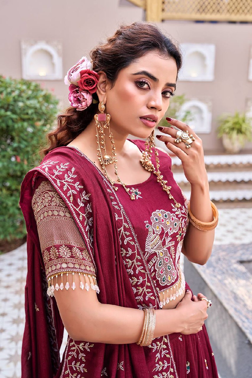 South Collection Satin Silk Lehenga Choli with Heavy Embroidery Sequence Work - Fully Stitched