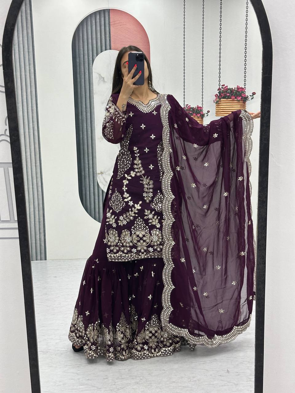 Designer Party Wear Embroidered Sharara Suit Set with Dupatta - Fully Stitched