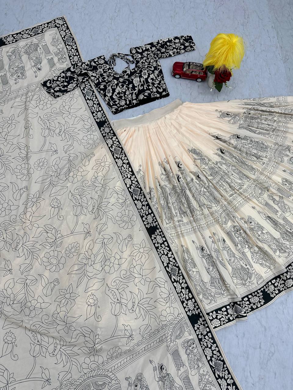 Festival Special Kalamkari Print Cotton Lehenga Choli with Dupatta - Fully Stitched