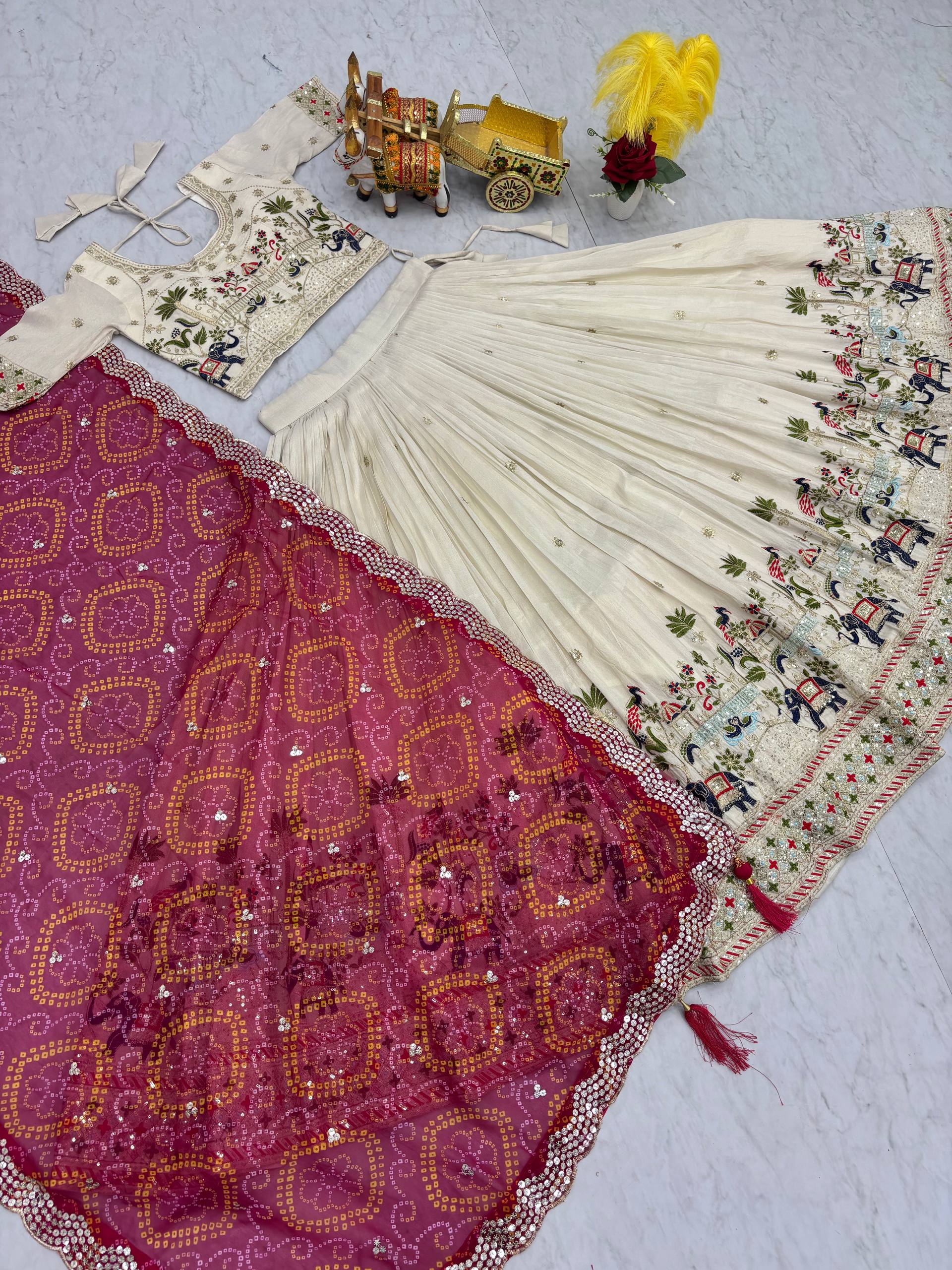 Festival Collection Tissue Silk Lehenga Choli with Bandhej Georgette Dupatta - Fully Stitched