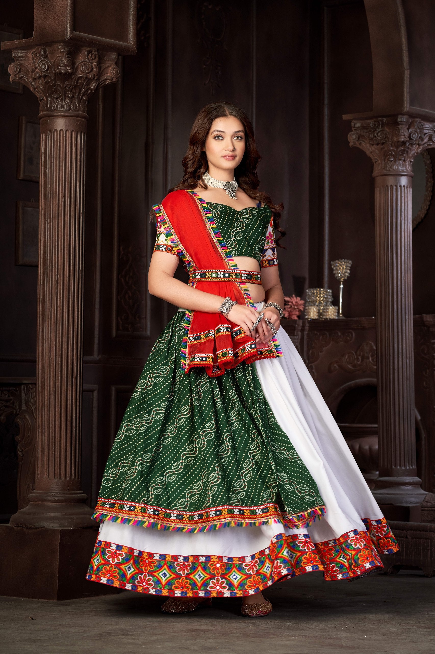 Navratri Special White Cotton Silk Chaniya Choli with Traditional Kutchi Mirror Work