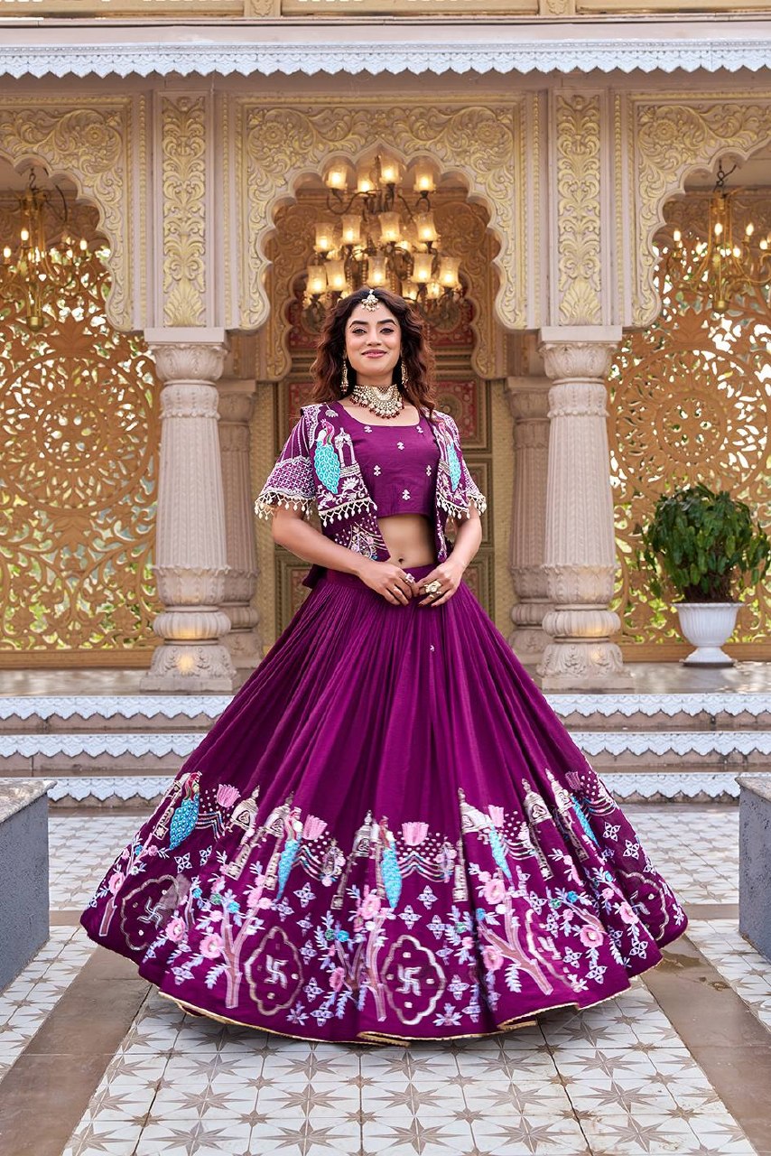 Festival Collection Pure Vichitra Lehenga Choli with Embroidered Koti - Fully Stitched