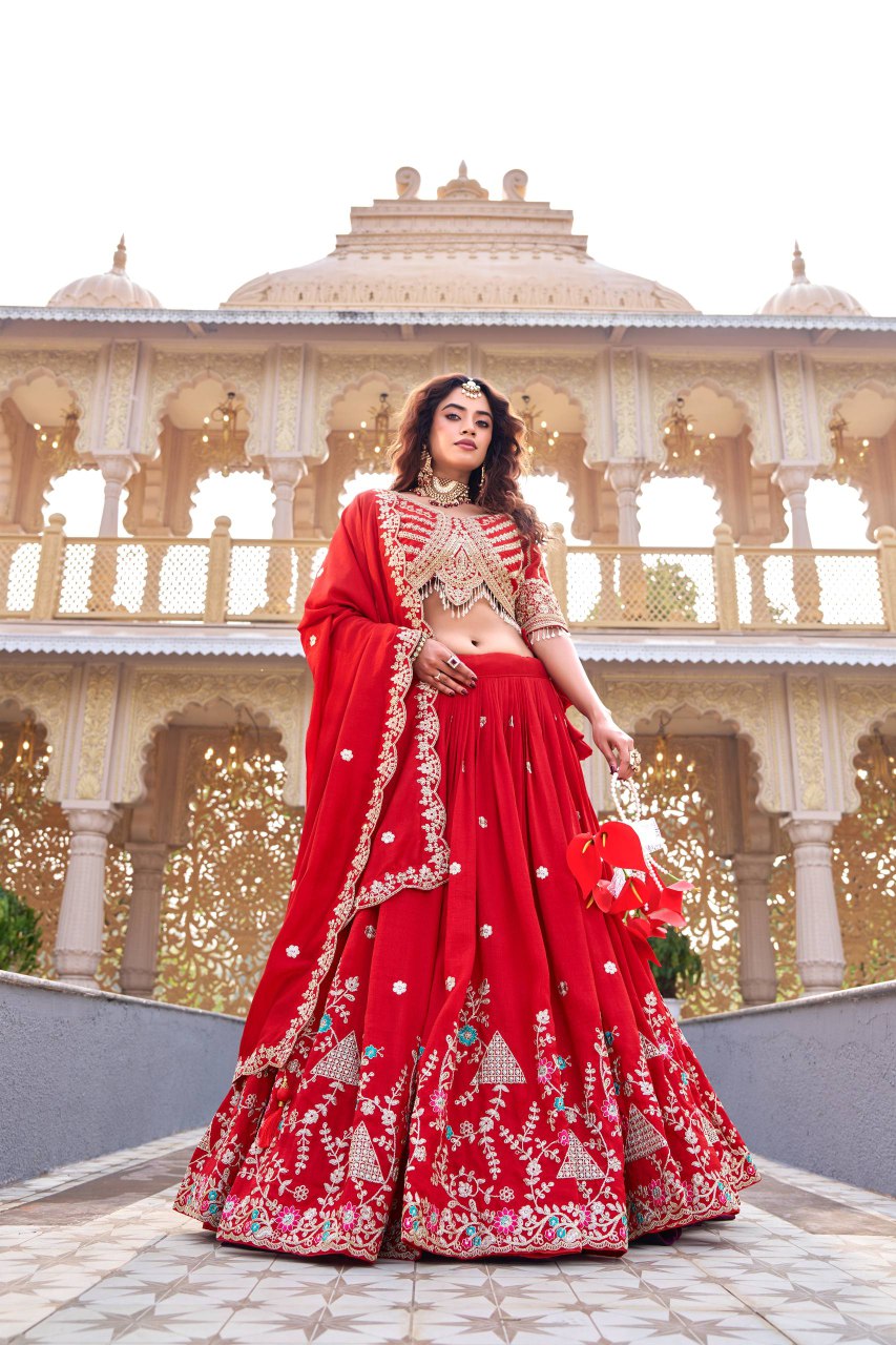 Designer Wedding Collection Vichitra Lehenga Choli with Heavy Cording Embroidery Work - Fully Stitched