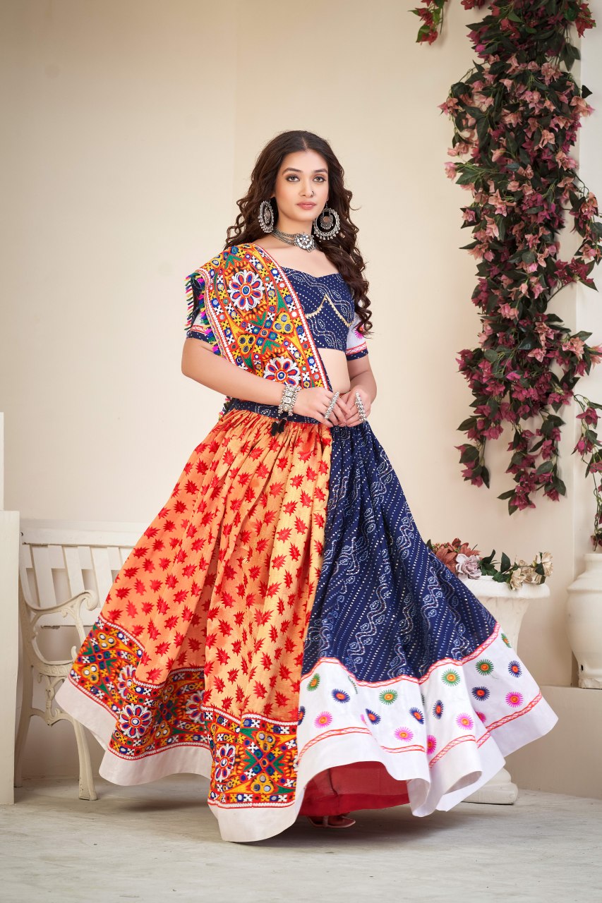 Navratri Special Blue Bandhani Chaniya Choli with Mirror Work and Silk Dupatta