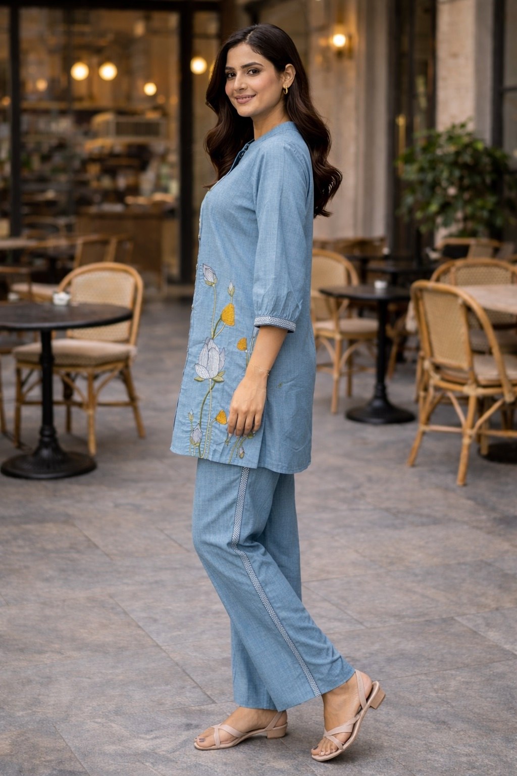 Women's Pure Cotton Embroidered Co-Ord Set with Collar Neck Top and Pant - Fully Stitched