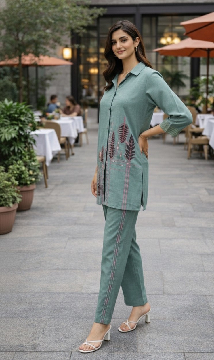 Women's Poly Linen Cotton Embroidered Co-Ord Set with Shirt Collar Top and Pant - Fully Stitched