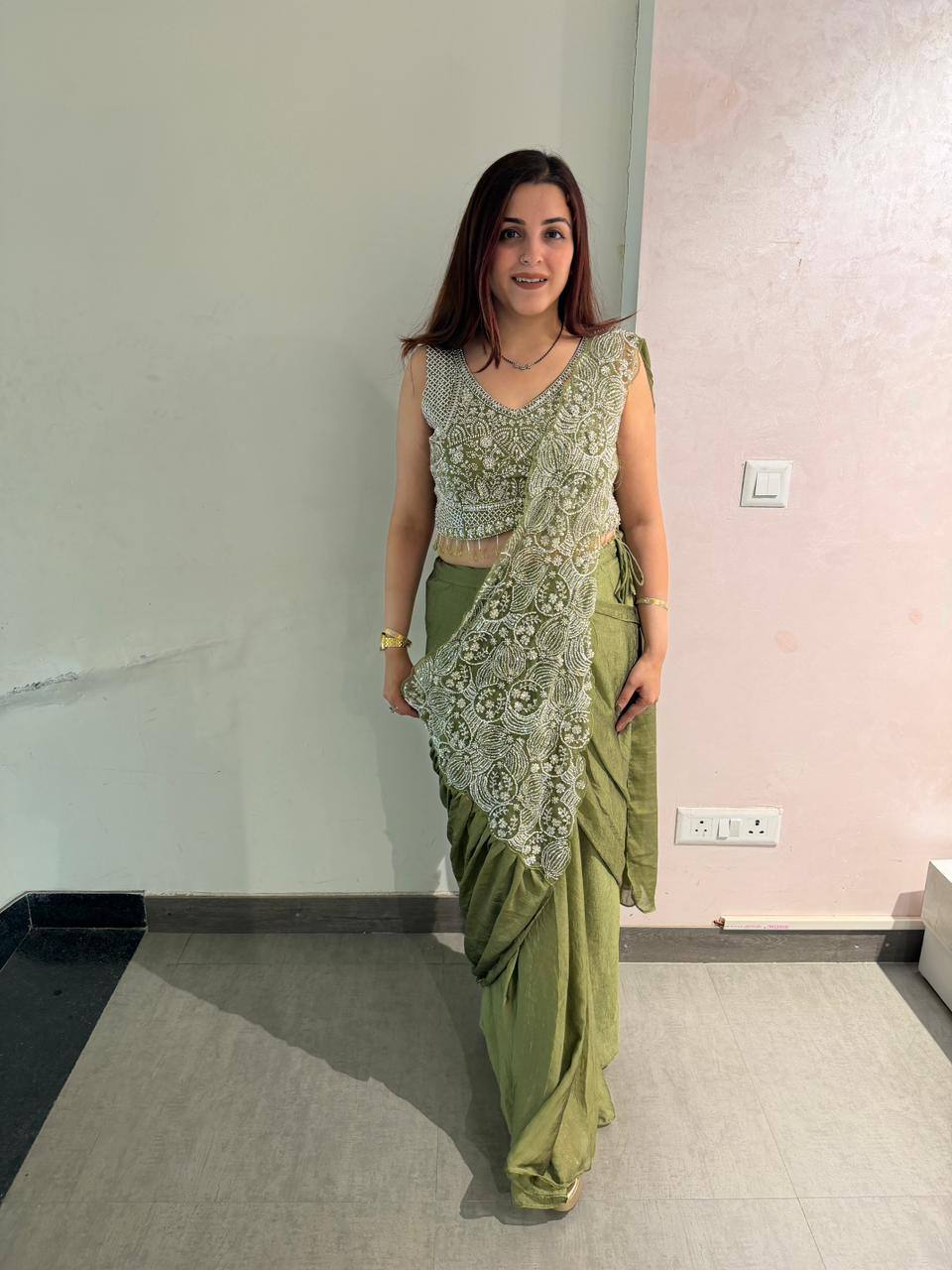Superhit Trending Chinon Ready to Wear Saree with Fully Embroidered Stylish Blouse - Fully Stitched