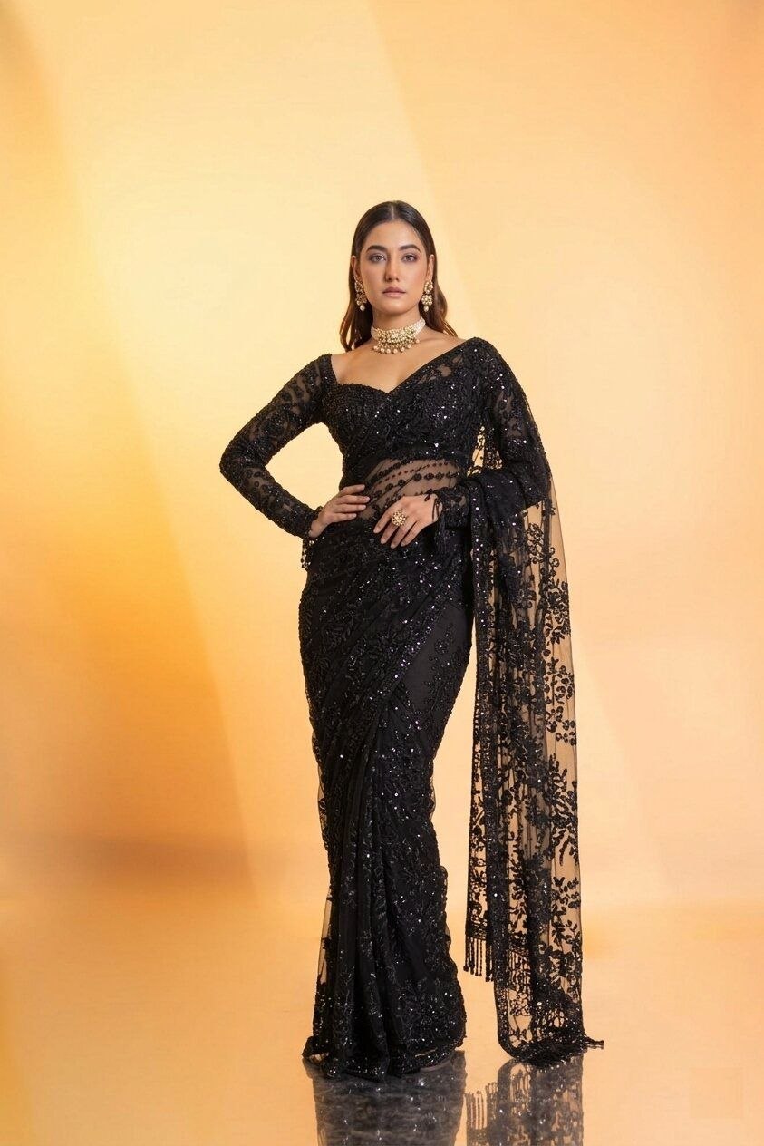 Bollywood Blockbuster Butterfly Net Sequins Embroidered Saree with Designer Blouse