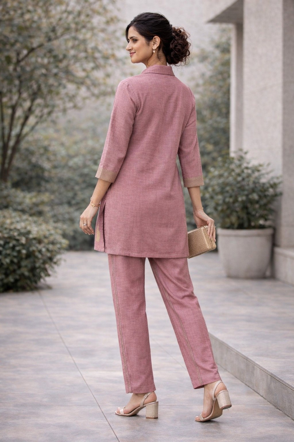 Women's Poly Linen Cotton Embroidered Co-Ord Set with Shirt Collar Top and Pant - Fully Stitched