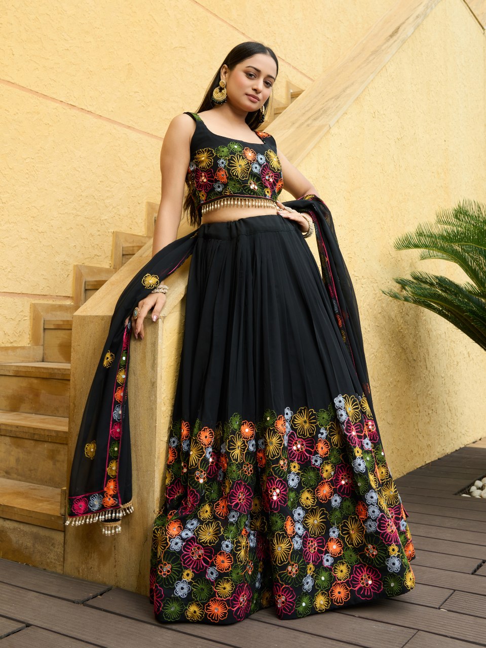 Premium Black Floral Embroidered Georgette Lehenga Choli with Designer Dupatta