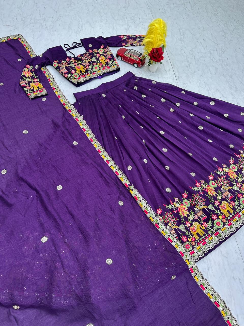 Designer Chinon Lehenga Choli with Embroidery Coding Thread Work - Fully Stitched