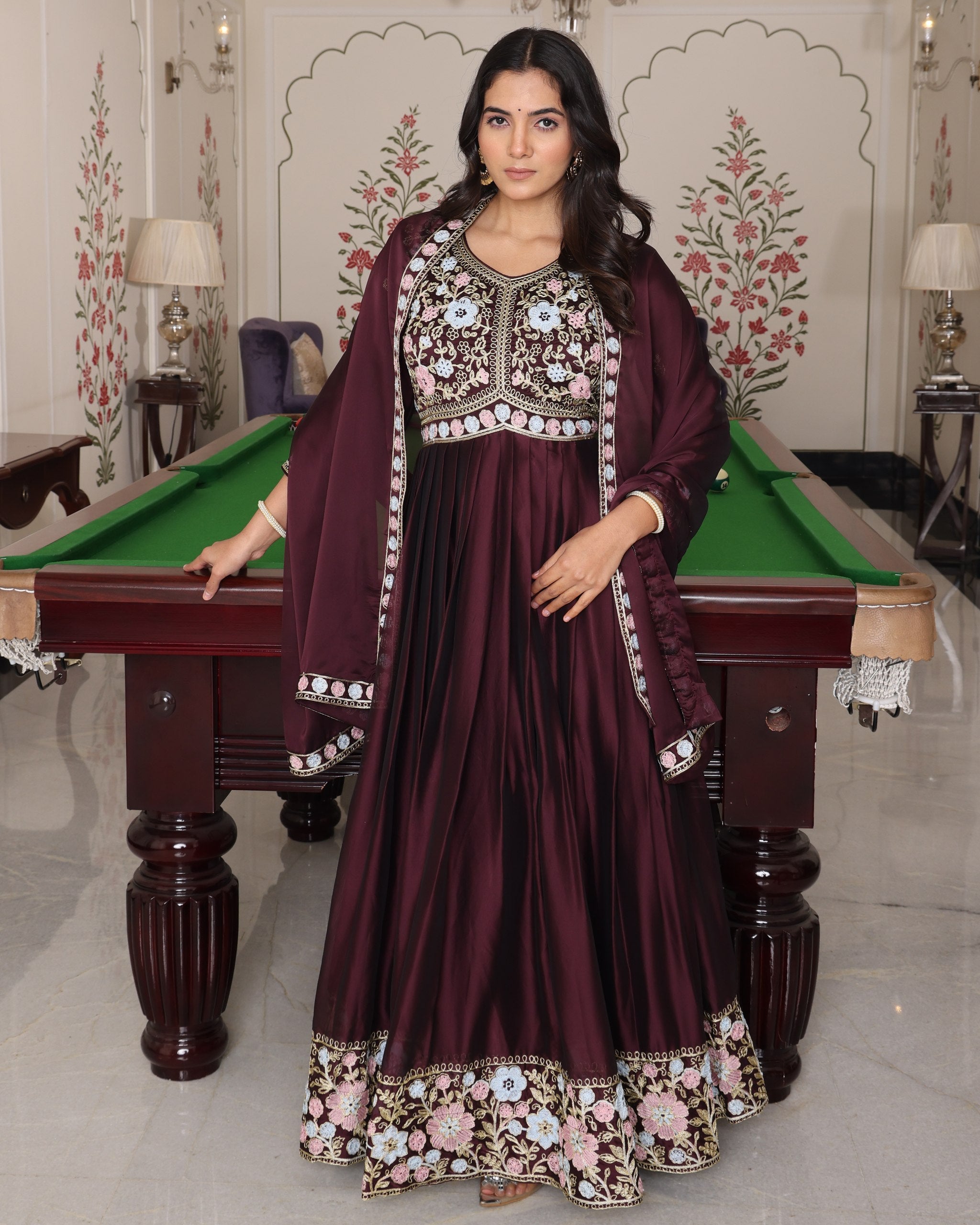 Wedding Wear Coffee Rangoli Silk Anarkali Suit Set with Dupatta