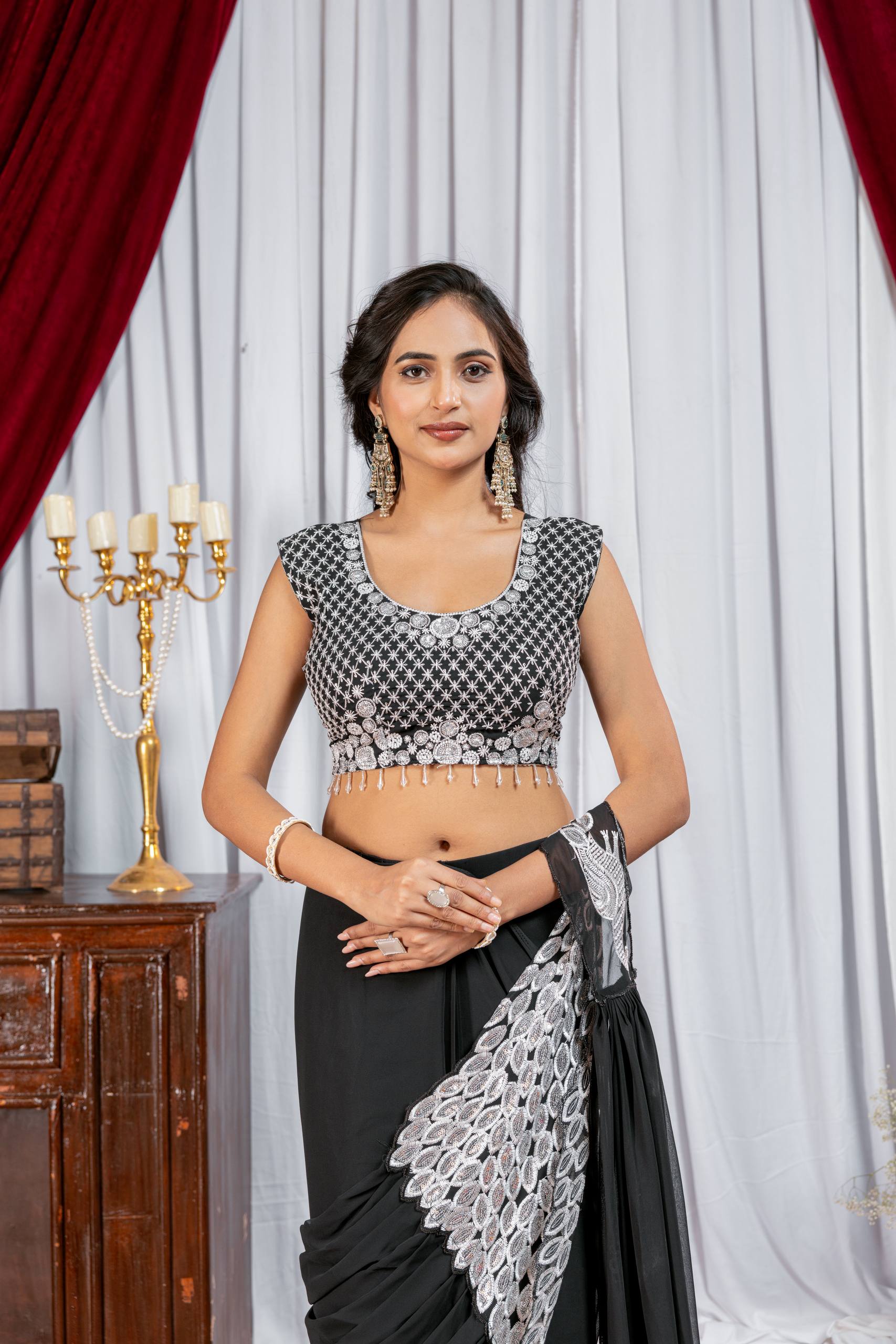 Superhit Trending Faux Georgette Ready to Wear Saree with Fully Embroidered Stylish Blouse - Fully Stitched