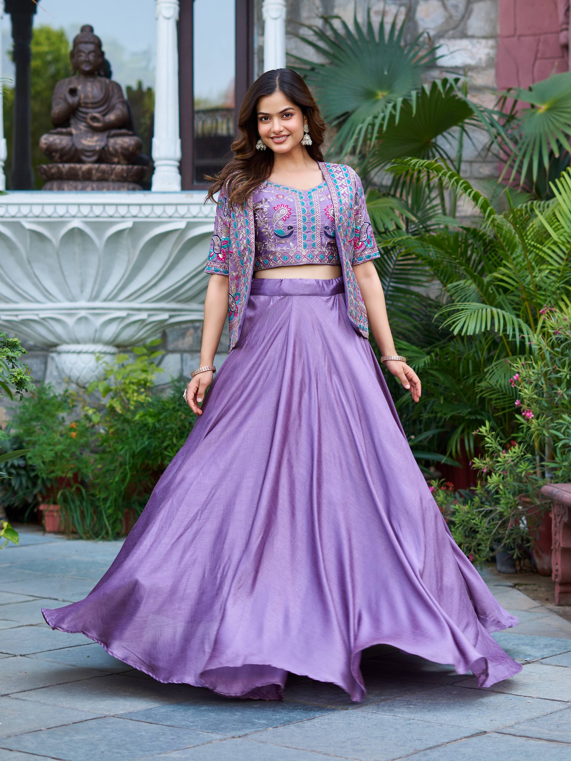 New Festival Collection Vichitra Lehenga Choli with Embroidered Koti and 8.50 Meter Flair - Fully Stitched