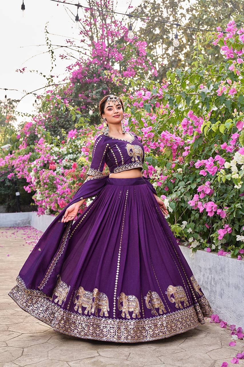 Wedding Collection Pure Vichitra Lehenga Choli with Heavy Embroidery Sequence Work - Fully Stitched