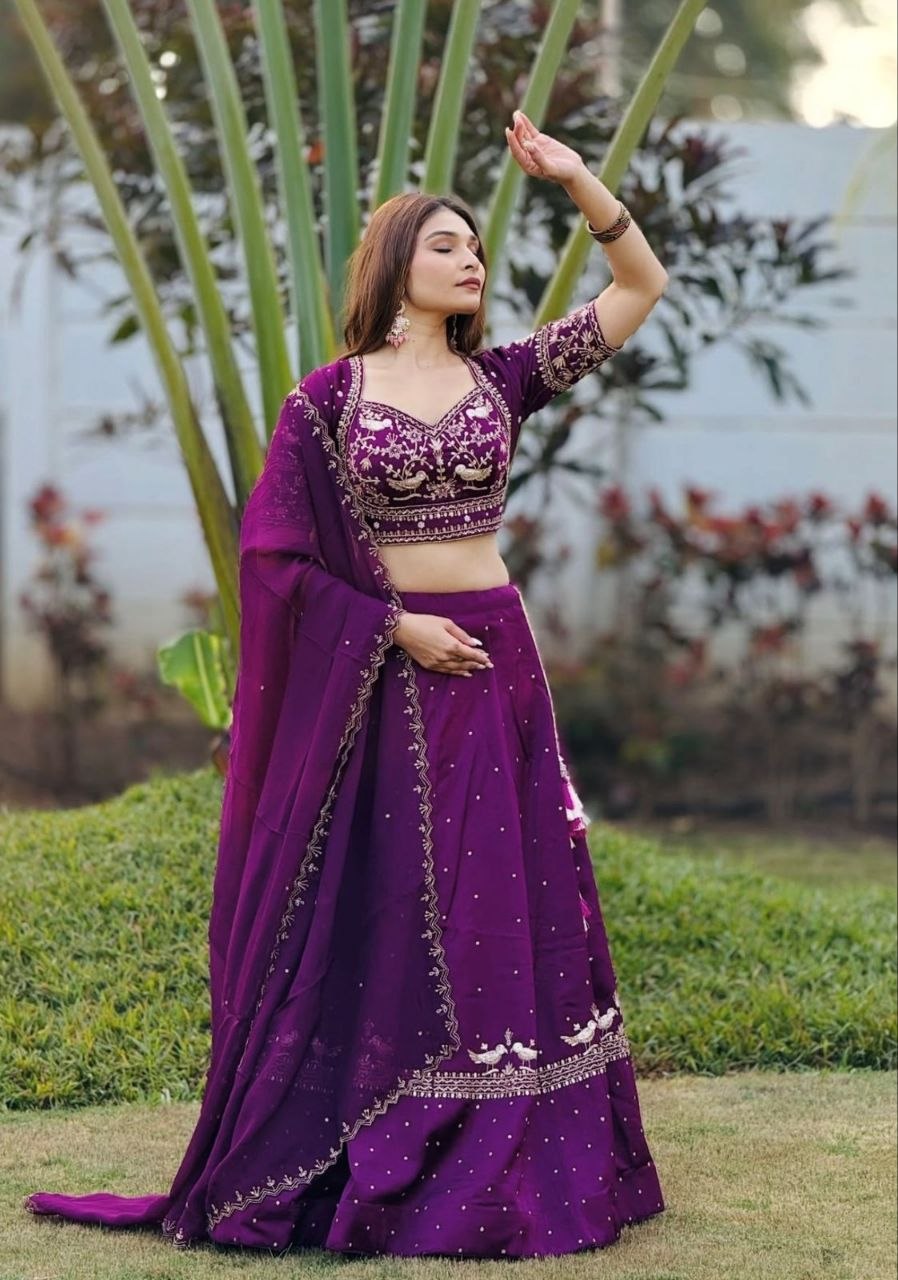 New Festival Chinon Lehenga Choli with Heavy Embroidered Dupatta - Fully Stitched
