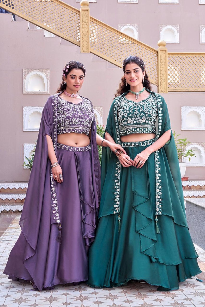 Wedding Special Pure Rangoli Silk Lehenga Choli with Shrug Style Dupatta - Fully Stitched