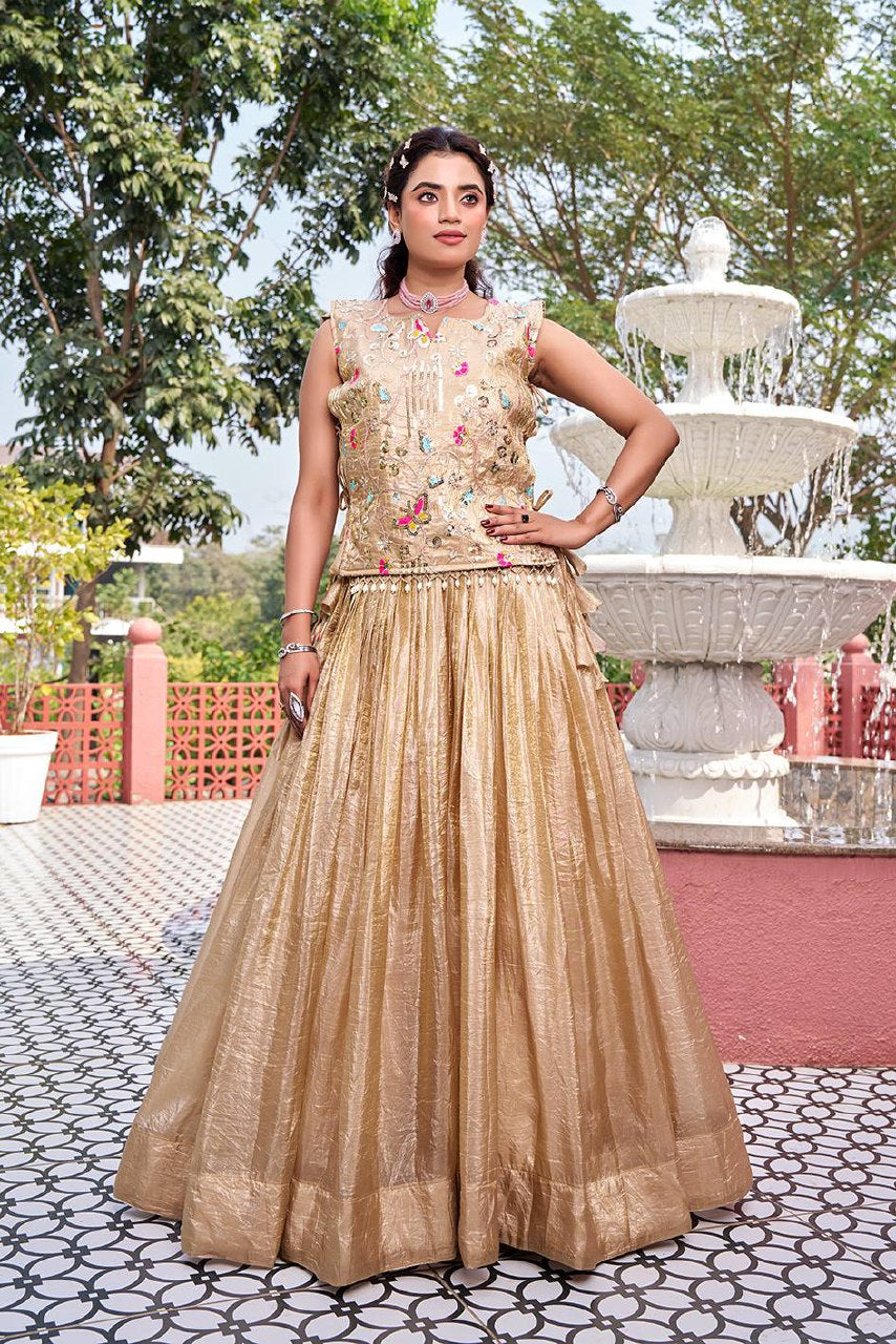 Wedding Collection Pure Gold Crush Lehenga Choli with Embroidered Shrug - Fully Stitched