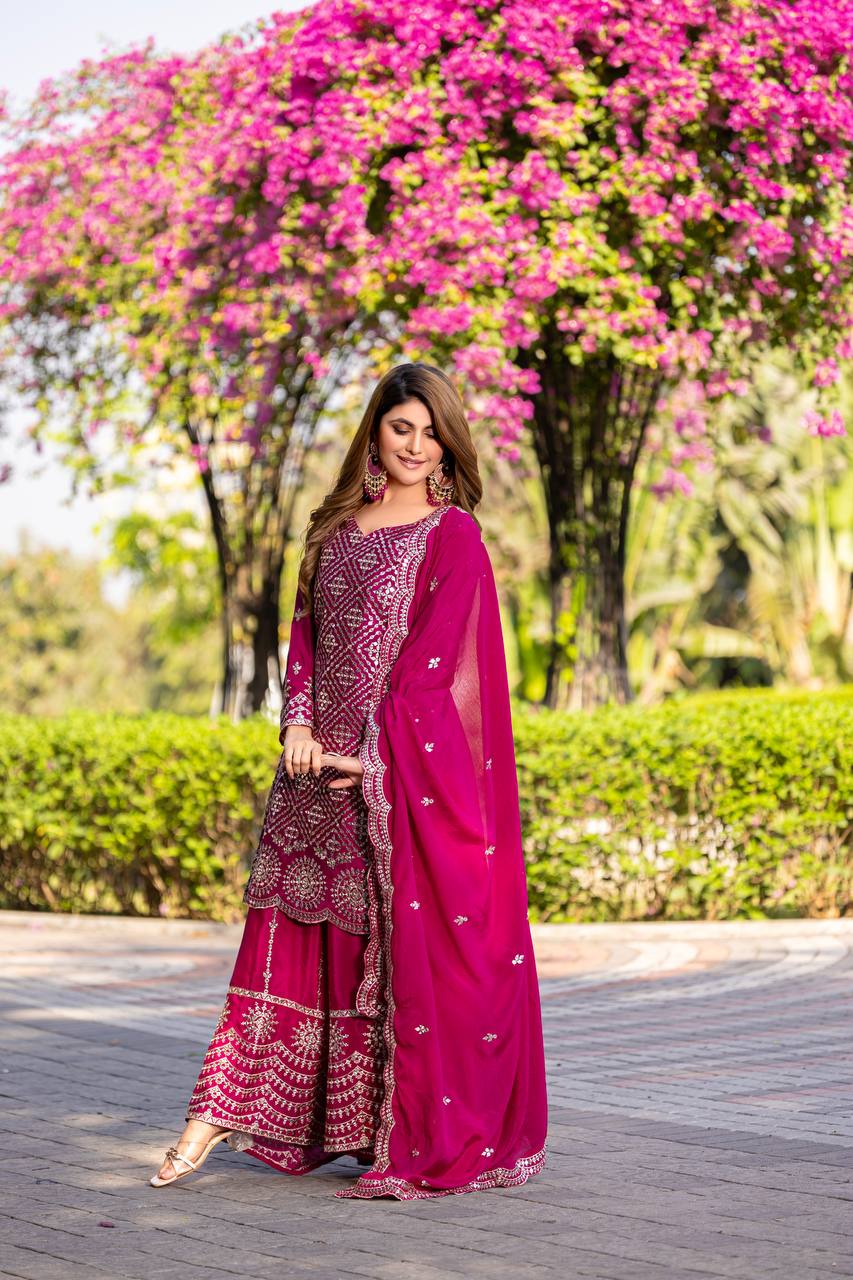 Designer Party Wear Chinon Kurti Palazzo Set with Embroidery Sequence Work- Fully Stitched