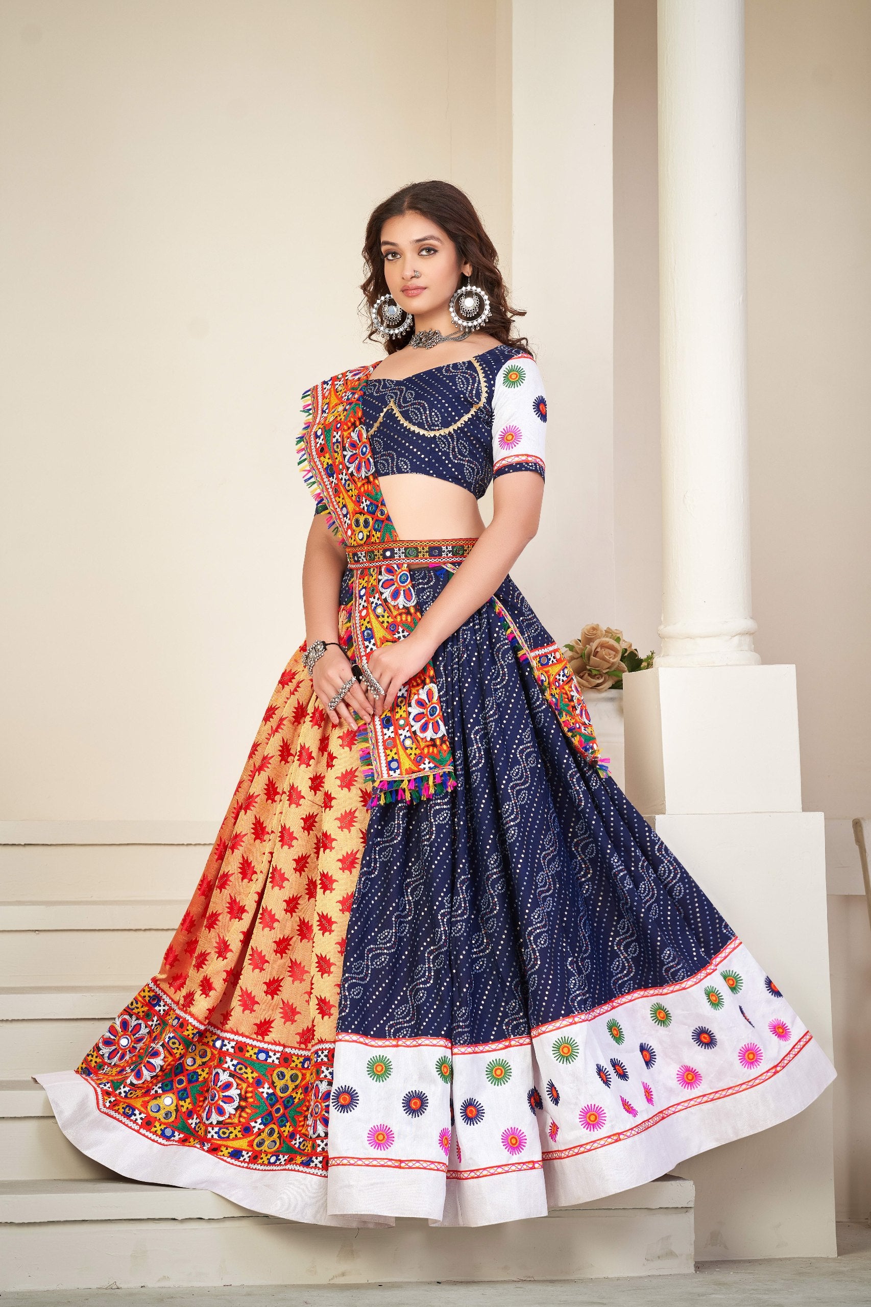 Navratri Special Blue Bandhani Chaniya Choli with Mirror Work and Silk Dupatta