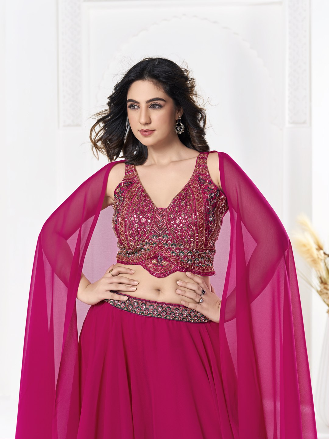 Premium Rani Pink Georgette Lehenga Choli with Embroidered Beads Work and Cape Dupatta