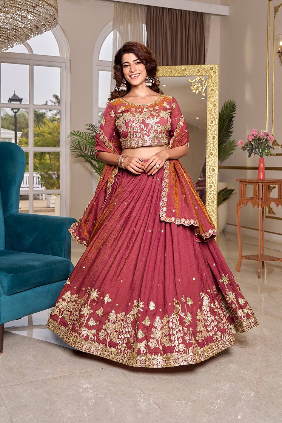 Wedding Collection Pure NC Vichitra Lehenga Choli with Heavy Cording Embroidery Work - Fully Stitched