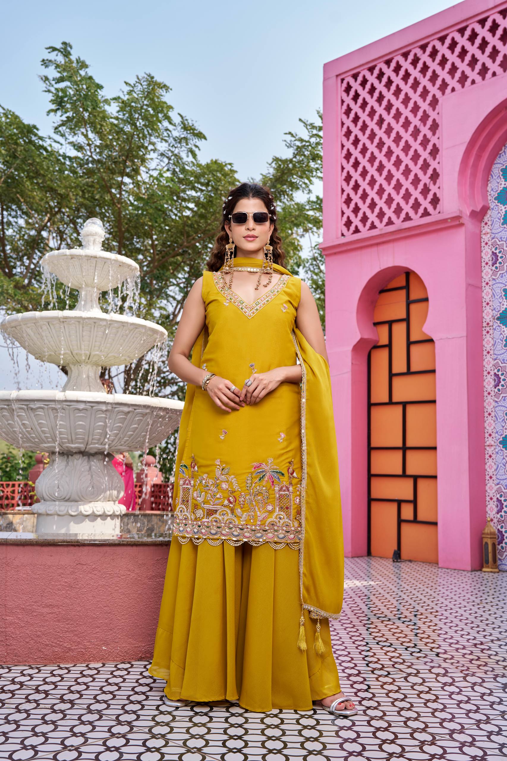 New Haldi Special Designer Kurti Palazzo with Dupatta and Moti Work - Fully Stitched