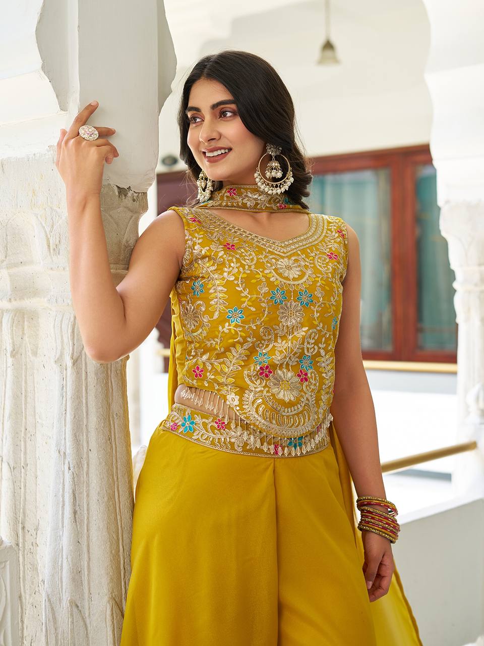 Designer Star Georgette Blouse Palazzo with Cording Sequence Embroidery Dupatta - Fully Stitched