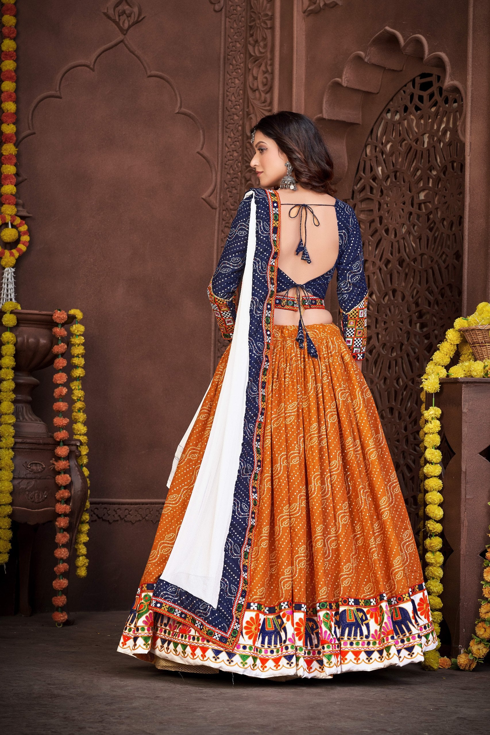 Navratri Special Blue & Mustard Bandhani Chaniya Choli with Embroidered Dupatta
